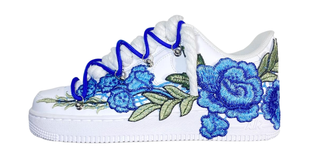 Nike Air Force 1 Low Triple White Double Laces Blue Flower