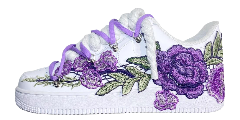 Nike Air Force 1 Low Triple White Double Laces Purple Flower